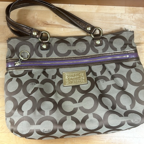 COACH Op Art Poppy Tote Tan Brown Signature C's Purple Leather Trim, EUC - Picture 8 of 9